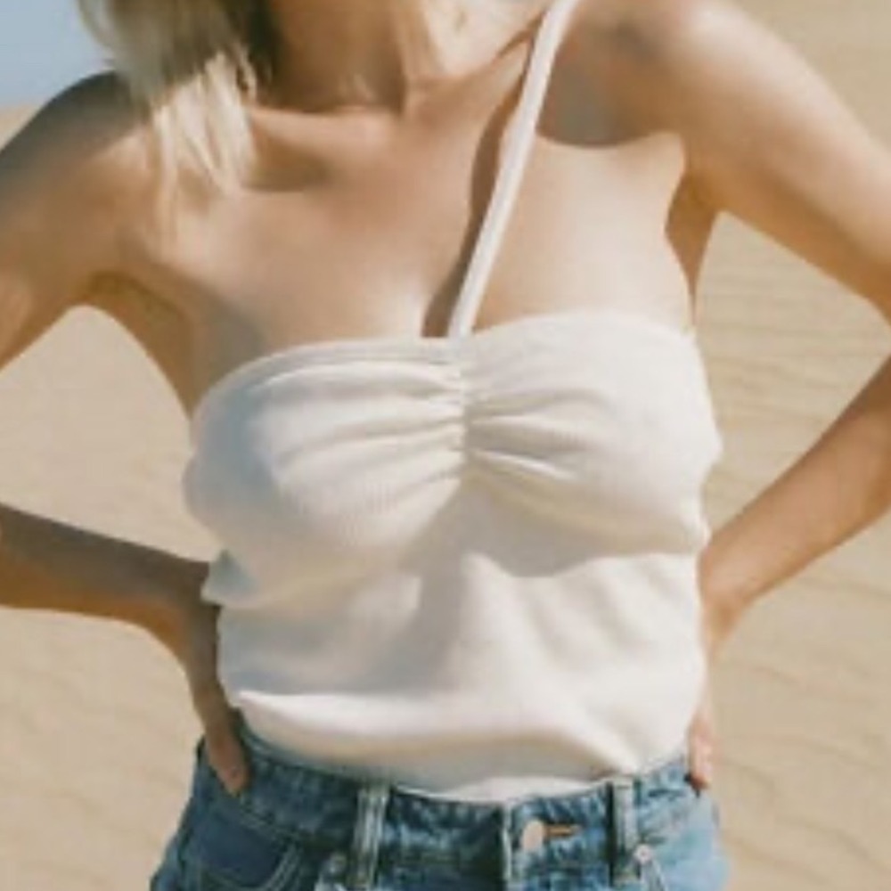 Agolde Ivory Ribbed One Shoulder Ruched Tank Top Medium Organic Cotton USA